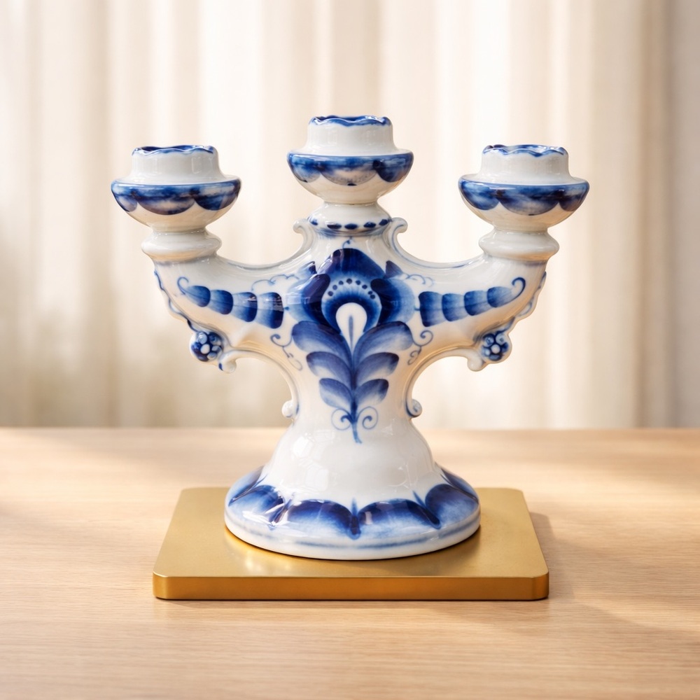 Vintage GZHEL Russian Candelabra Candle Holder White & Blue Porcelain Marked 8”